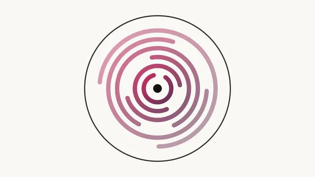 Concentric rose-to-plum arcs like a fingerprint, inside a dark ring, on a paper background